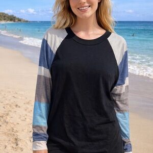 Amazon Black Raglan Long Sleeve Top with Blue and Gray Stripe Sleeves